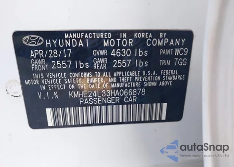 2017 Hyundai Sonata Hybrid Se z USA, uszkodzony, nr VIN KMHE24L33HA066878